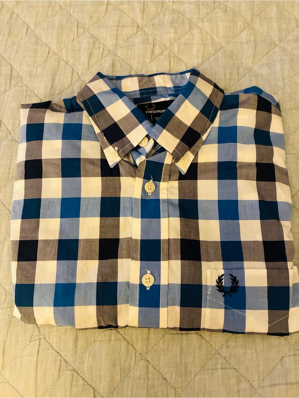 Fred Perry Men’s size Small blue/black/white checkered button down long sleeve